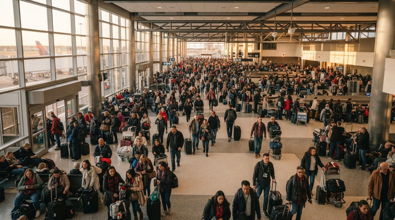 Busy Miami airport arrivals area during a peak travel period