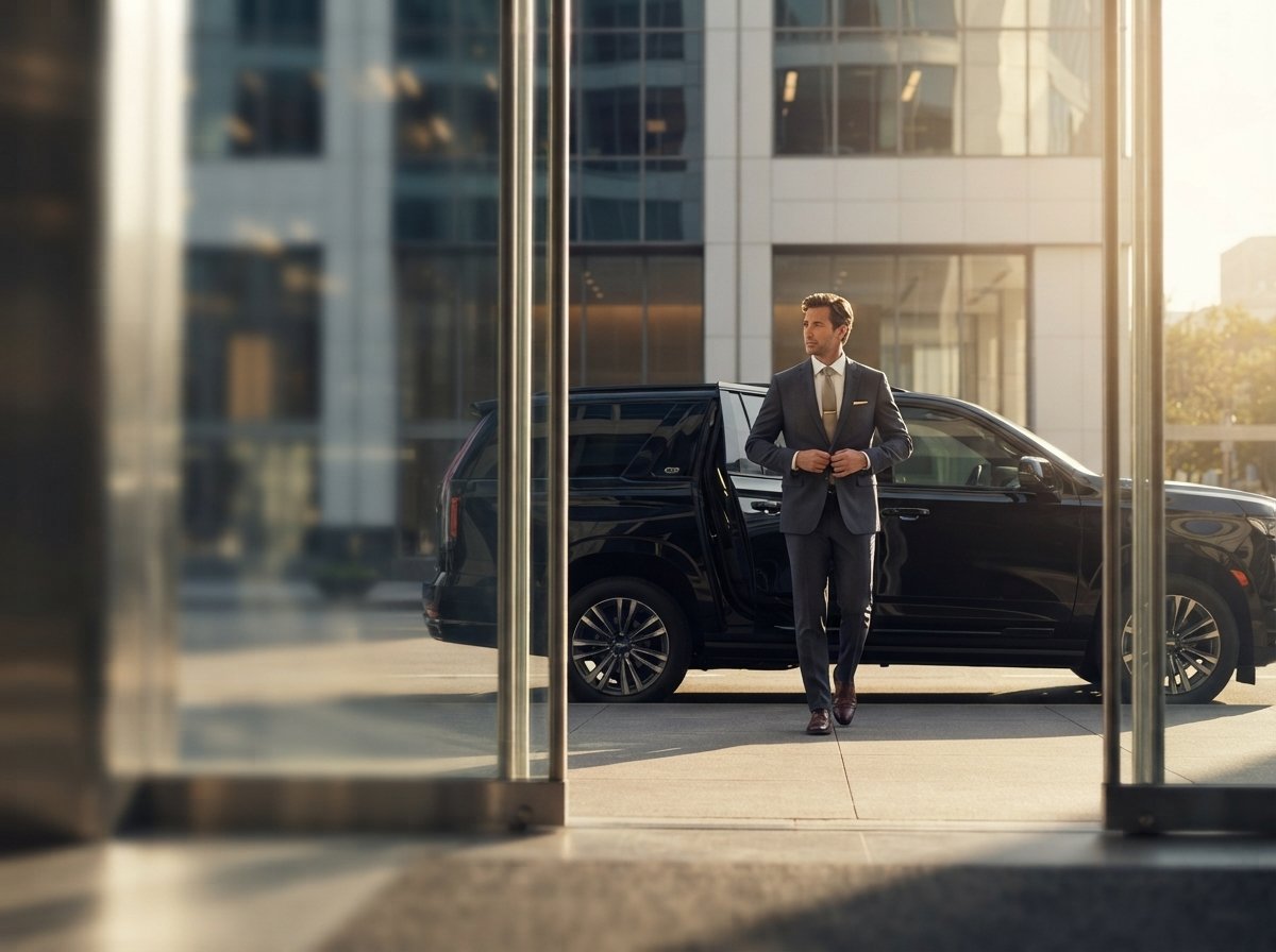 Executive arriving by chauffeured Cadillac Escalade at a Miami office tower