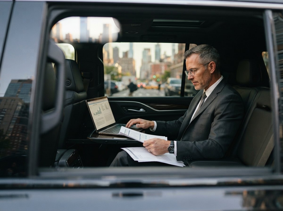 Executive reviewing documents in the back seat of a private car between meetings