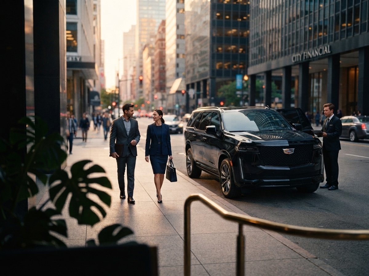 Business colleagues walking to a private car outside a downtown Miami office building