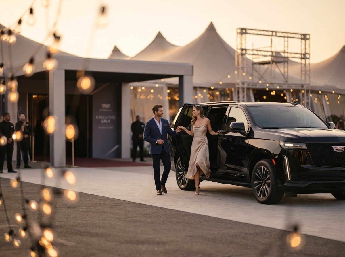 Chauffeured Cadillac Escalade arriving near the Miami International Autodrome during F1 Grand Prix weekend