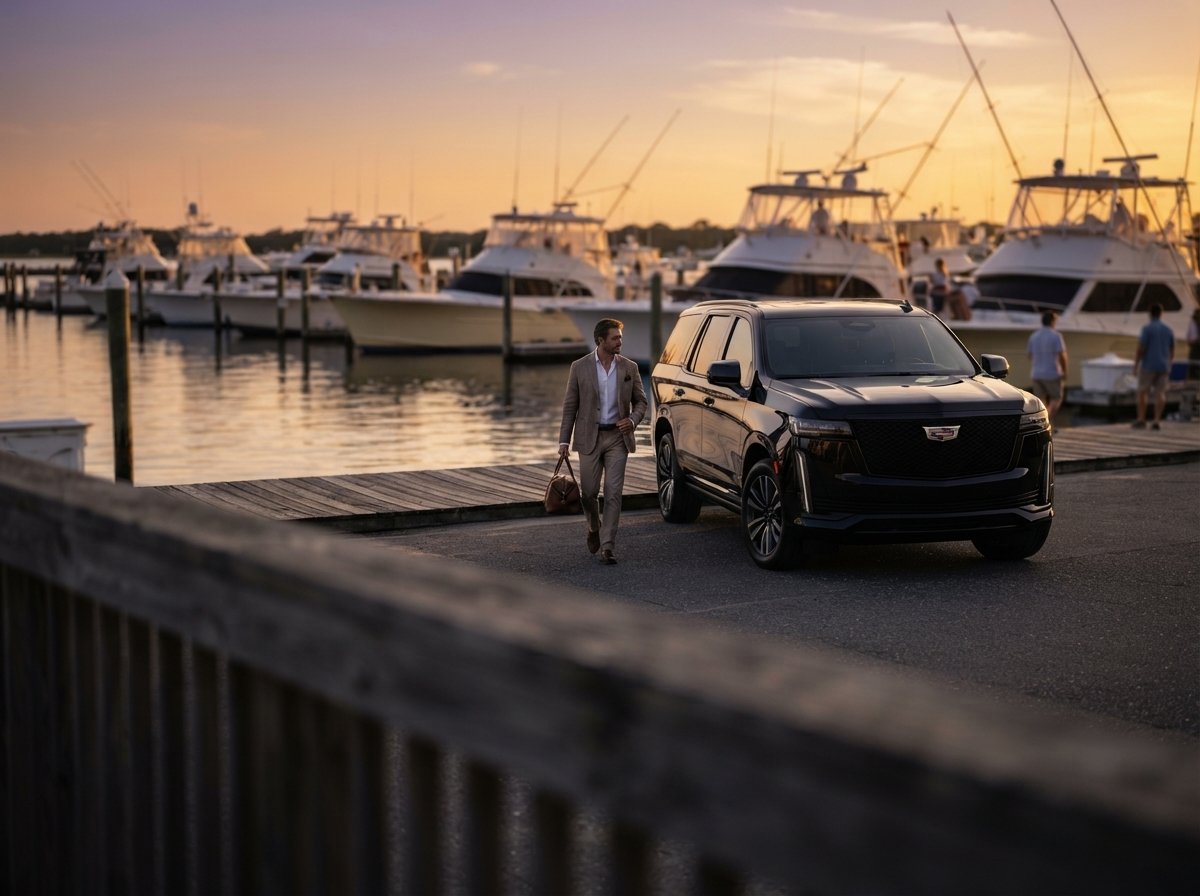 Chauffeured Cadillac Escalade driving the Overseas Highway toward the Florida Keys
