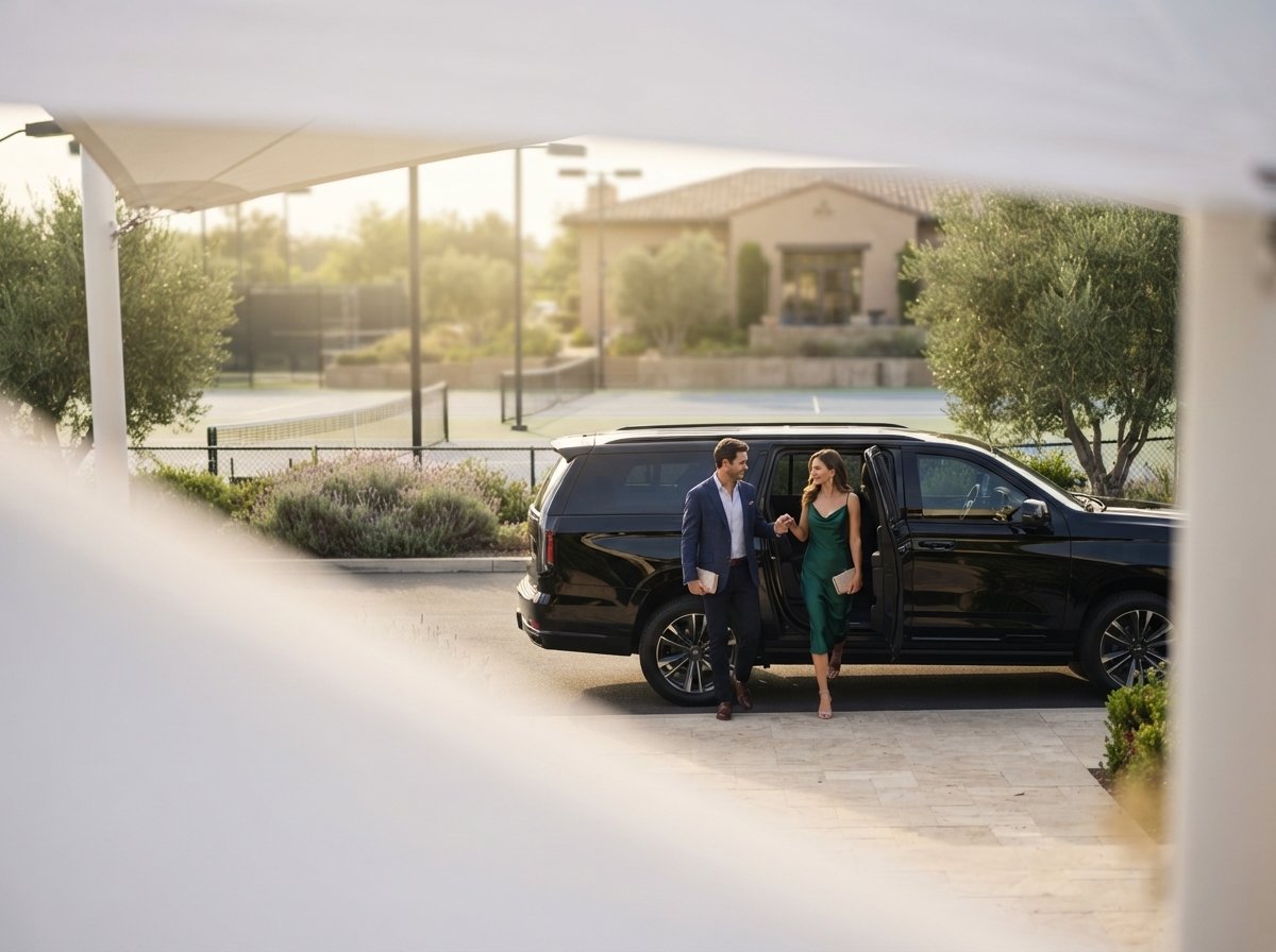 Chauffeured Cadillac Escalade arriving at the Miami Open tennis tournament