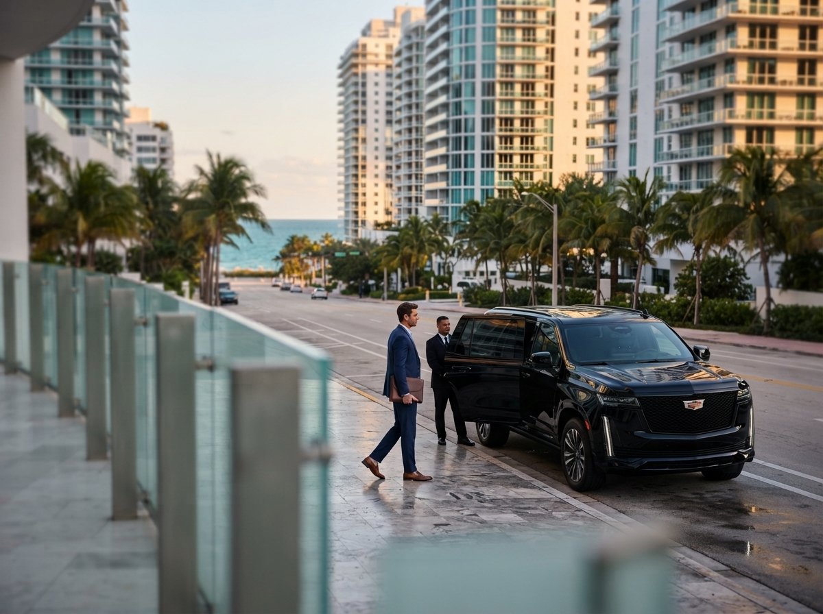 Chauffeured Cadillac Escalade arriving at a Sunny Isles Beach oceanfront address