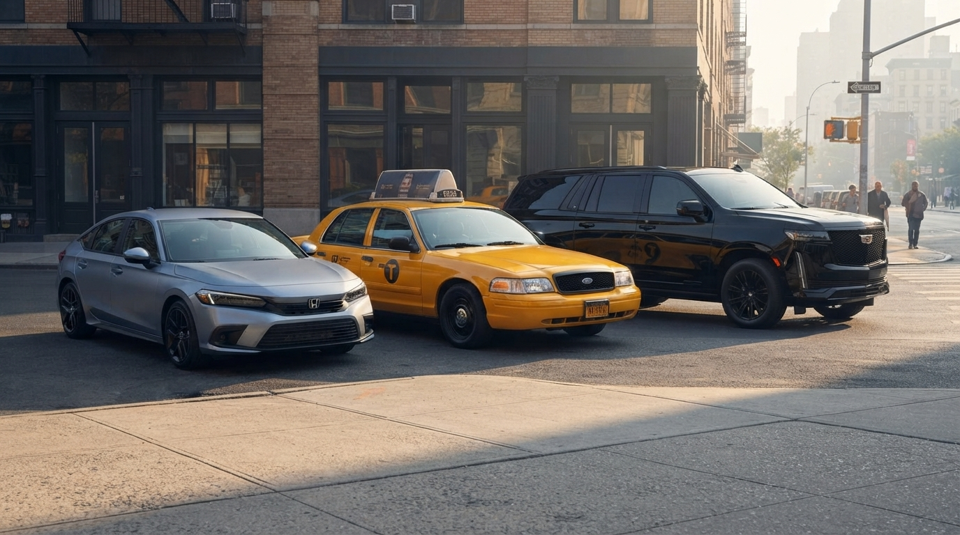 Comparing rideshare, taxi, and private car service options at the curb