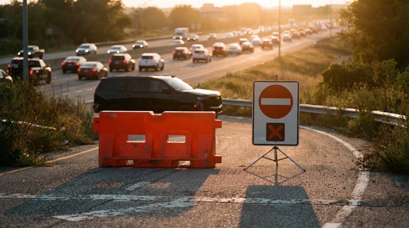 Road closure barrier at a highway exit during Miami Grand Prix weekend