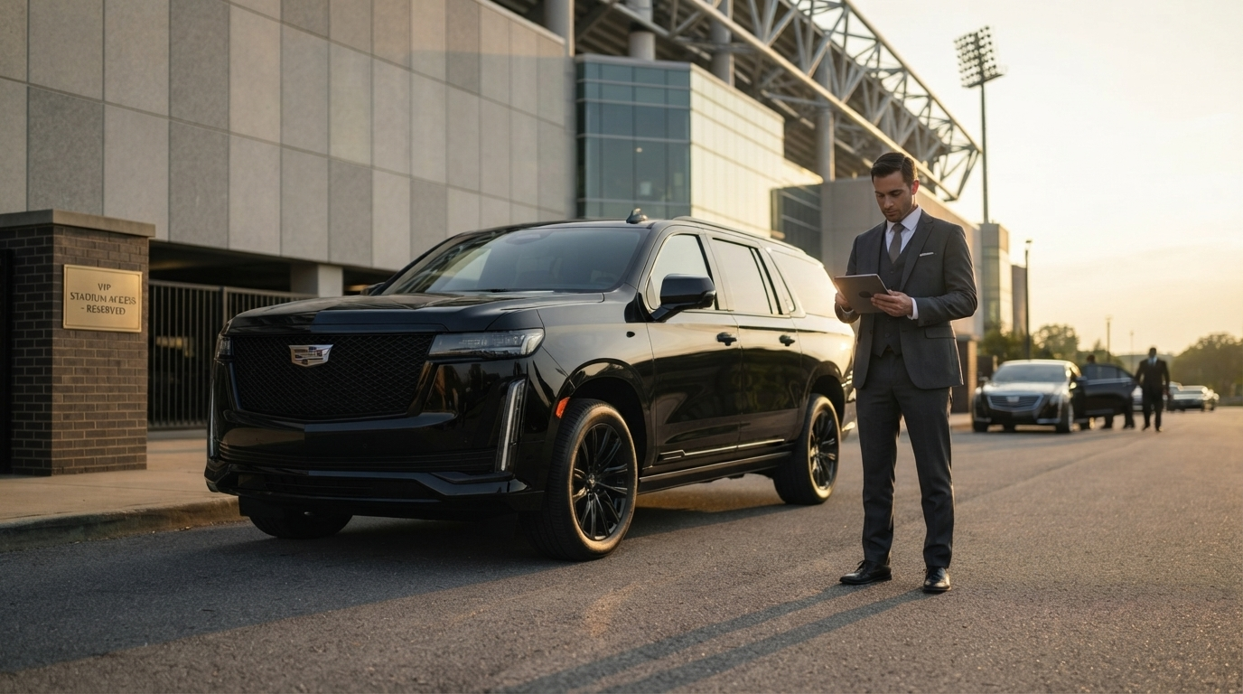 Chauffeur checking a phone beside a black SUV near a stadium access road