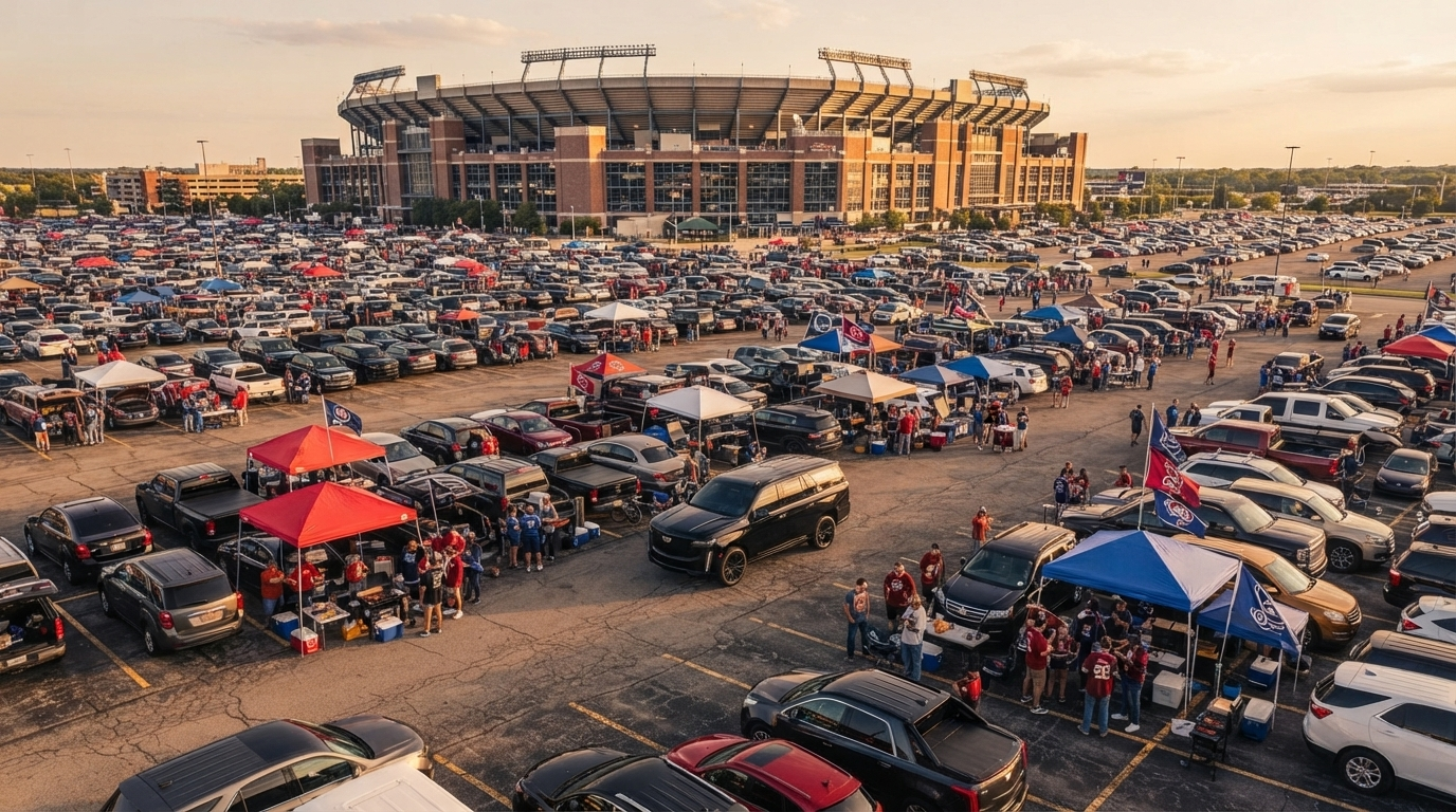 Crowded stadium parking lot filled with cars and tailgate tents