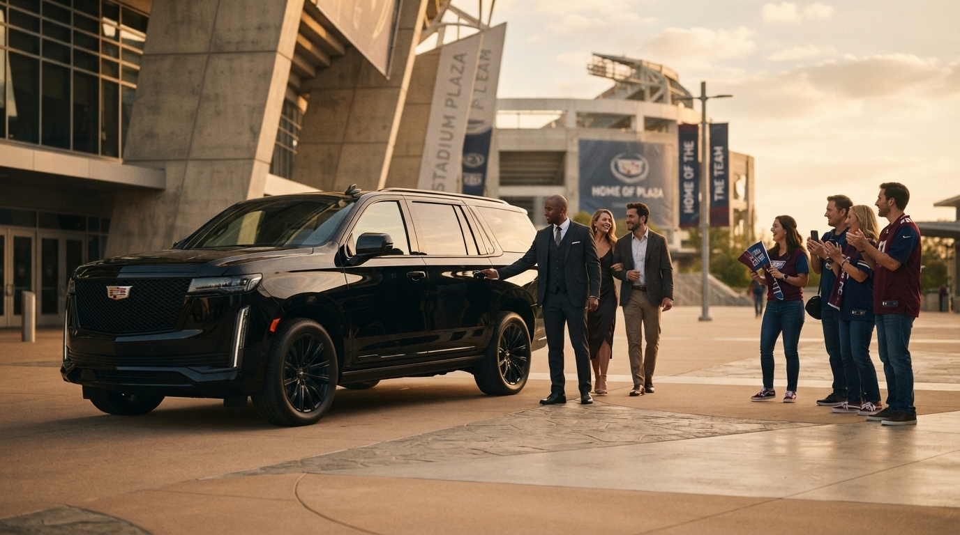 Chauffeur opening the door of a black SUV for fans at a stadium drop-off point