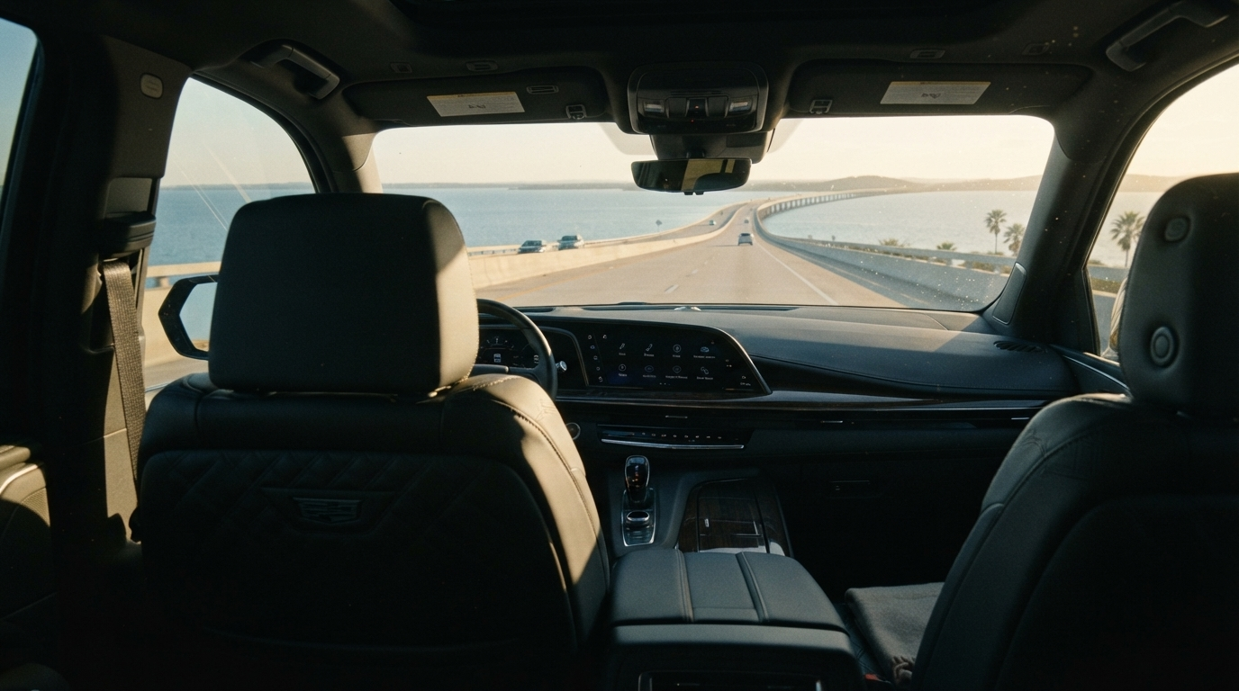 View from inside a private car looking out at the open highway to Key West
