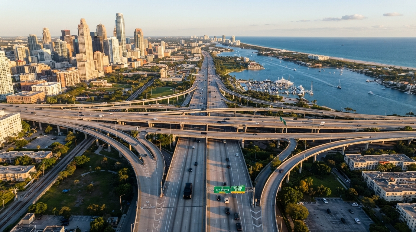 Highway interchange with Miami skyline and coastal waterway showing route distances