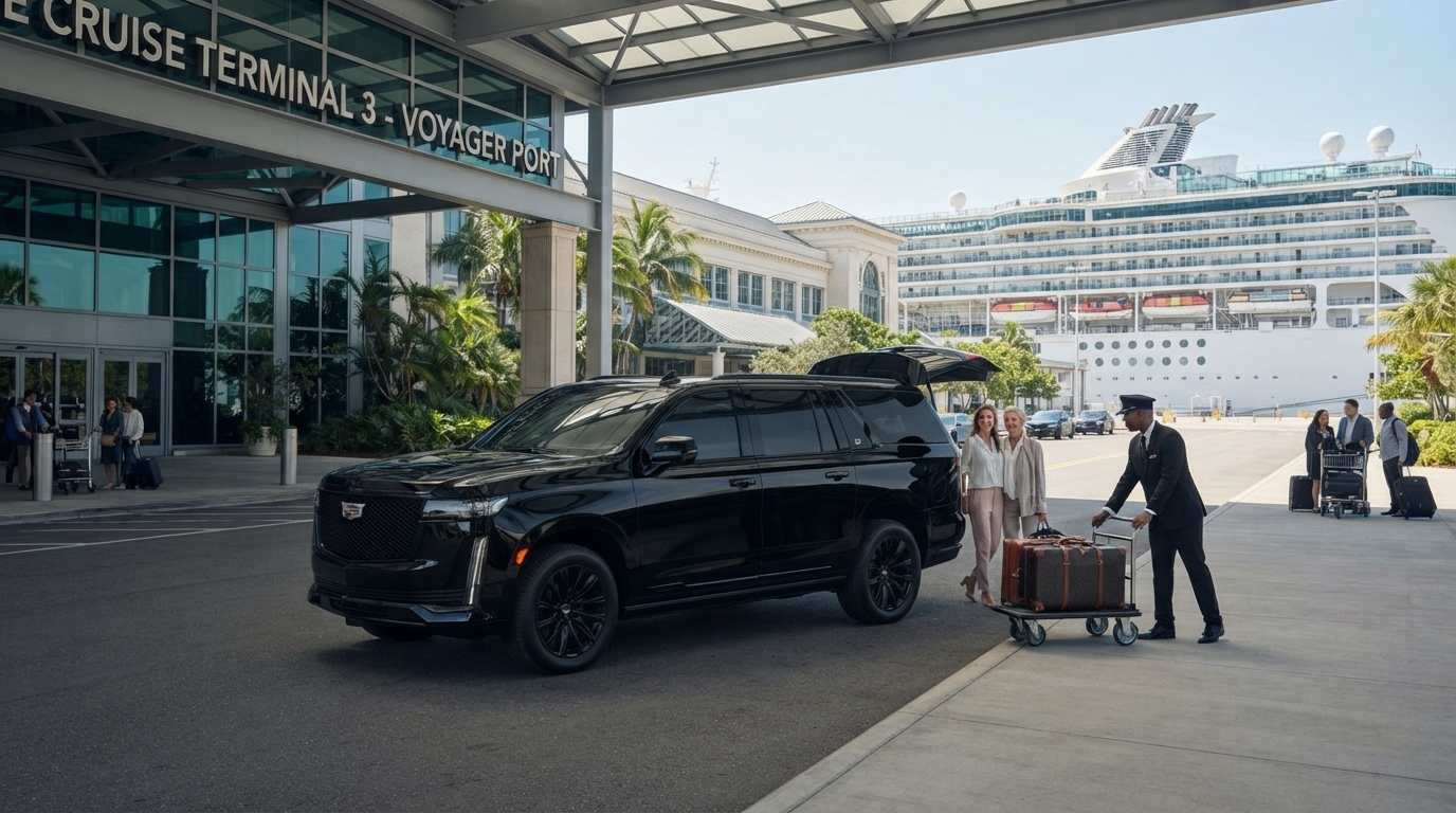 Black SUV dropping off passengers at a PortMiami cruise terminal