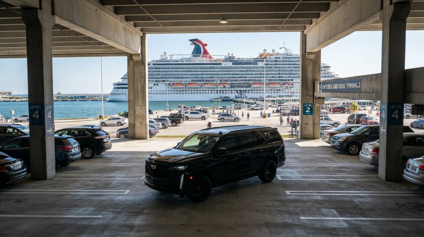 Multi-level parking garage near a PortMiami cruise terminal